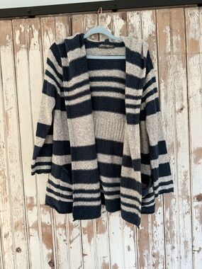 Eddie Bauer Striped Open-Front Hooded Lounge Sweater Cardigan, Navy and Gray, XL
